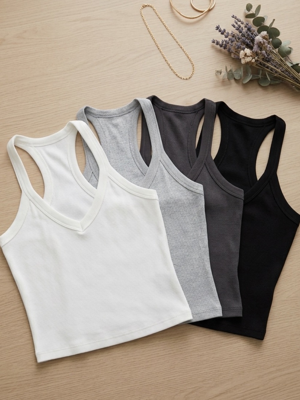 V-Neck Ribbed Tank Top - (4) White, Light Gray, Charcoal, Black